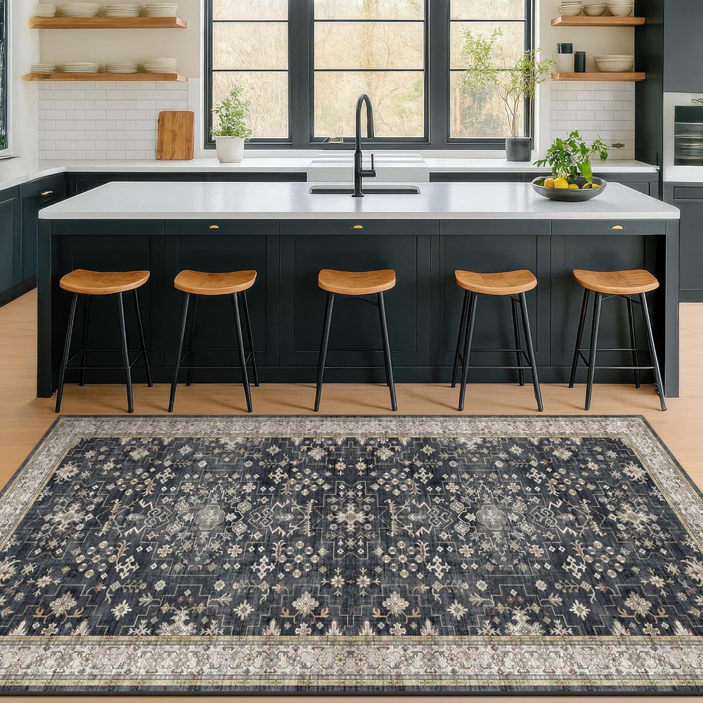 Washable 4x8 Hallway Runner Rug, Black Vintage 8ft Soft Runners for Entry Kitchen Non Slip Low Pile Thin Carpet for Living Room Bedroom Foyer