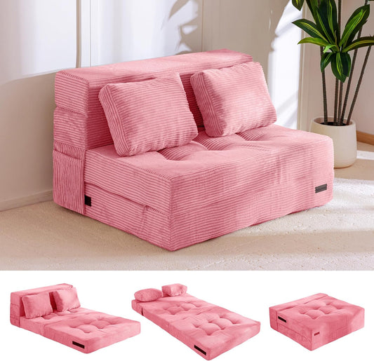MAXYOYO Convertible Sofa Bed, Fold Out Loveseat Sleeper Sofa with Pillow, 4 in 1 Tufted Folding Couch Bed Foam Floor Couch, Lazy Chair for Living Room Bedroom Guest Room, Pink