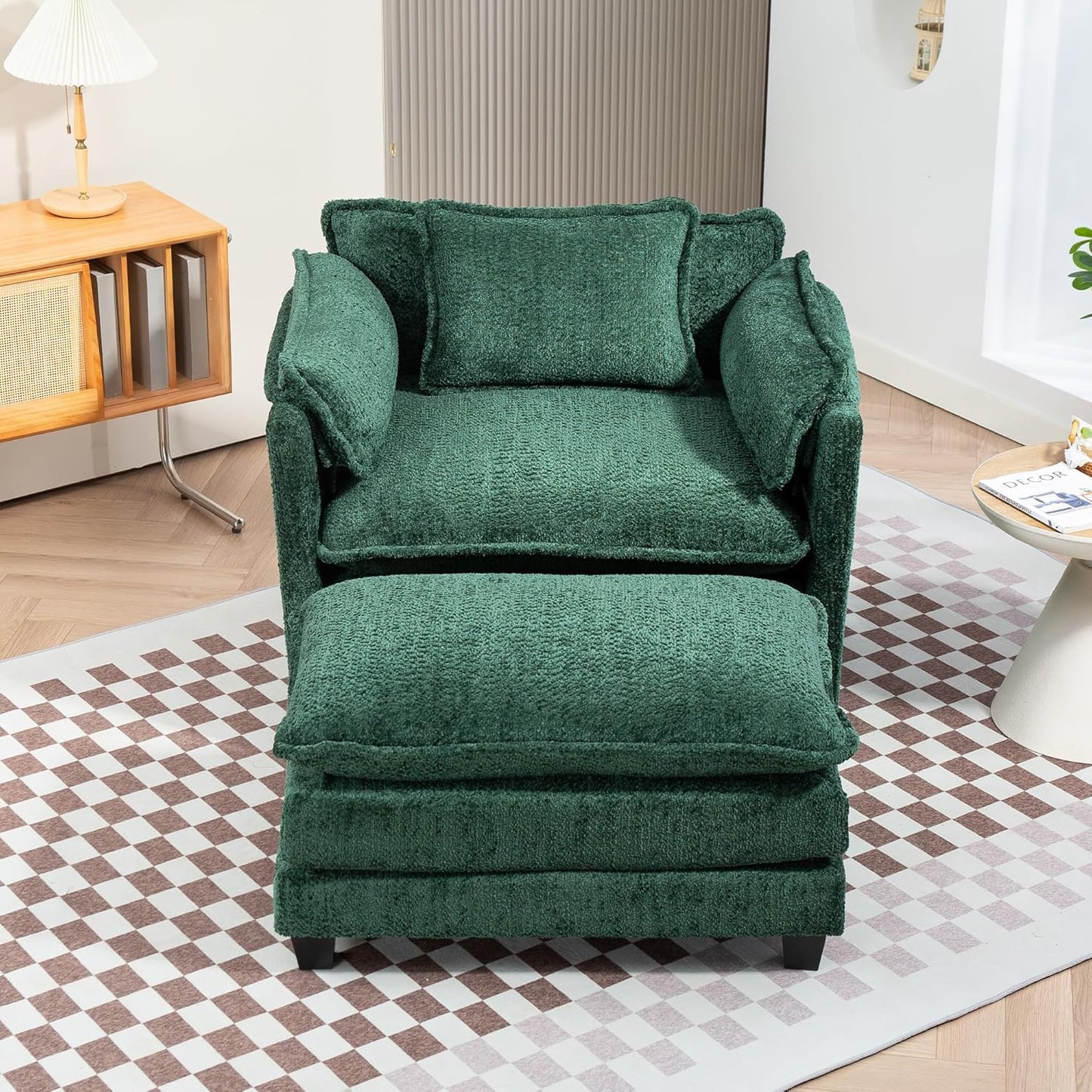 Furniliving Oversized Accent Chairs with Ottoman, Luxury Boucle Single Sofa, Upholstered Deep Seat Chaise Lounge with Pillows for Living Room, Bedroom, Apartment, Green