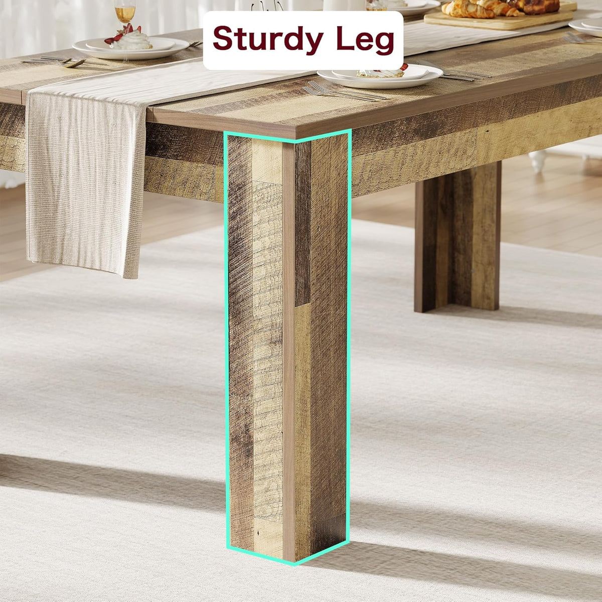 Dining Table for 4-6, 63" Wood Farmhouse Large Kitchen Table with Strong 4 Triangle Legs, Rectangular Dining Room Dinner Table with Sturdy Extra Support for Kitchen, Apartment, Retro Brown