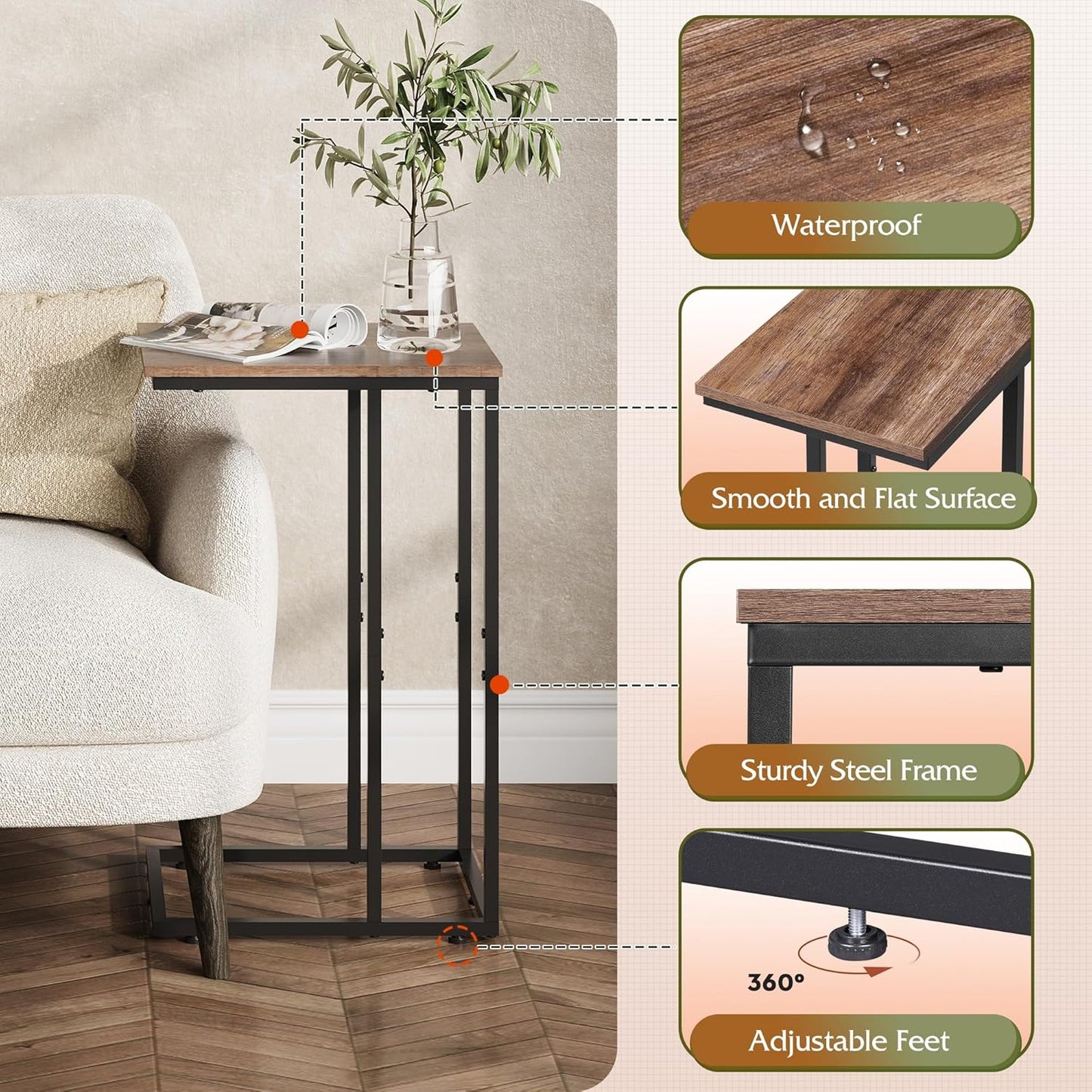 WLIVE Brown Side Table Set of 2, C Shaped End Table Sets, Small Sofa Side Tables Bedroom, Living Room, Home Office, 2-Tier Couch Bedside Table for Small Spaces