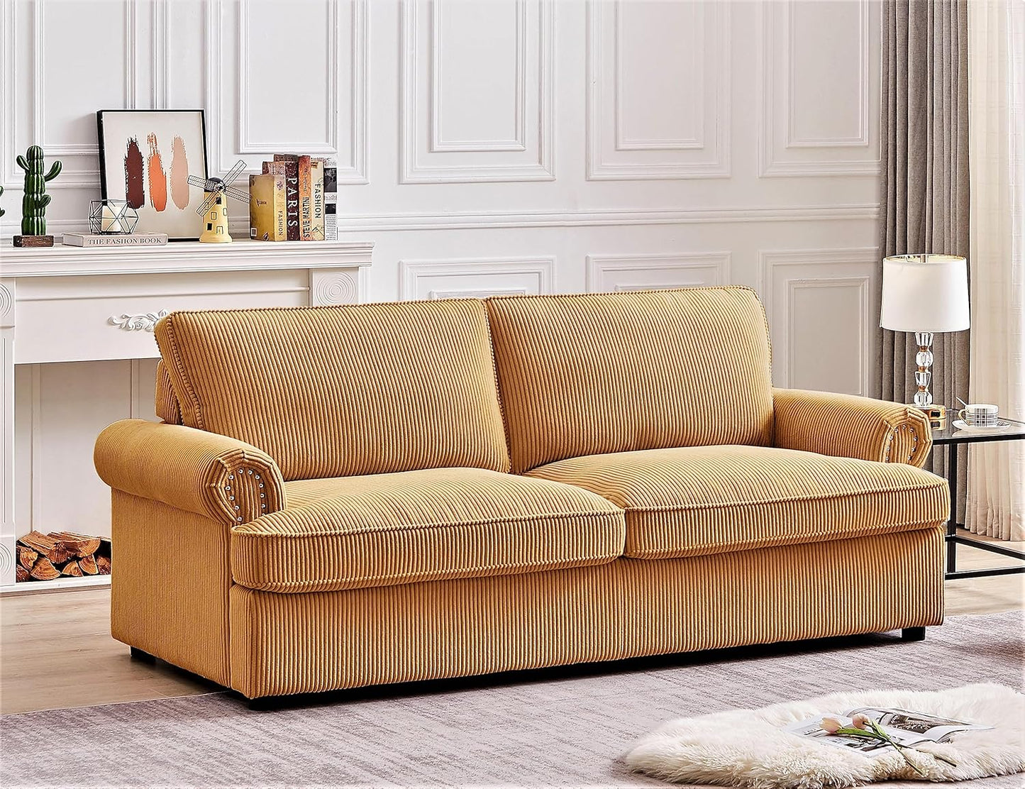 Reversible Sleeper Sofa Bed with Comfortable Memory Foam Mattress, Convertible Corduroy Full Size Pull Out Couch for Living Room, Space Saving Furniture, 72" Wide, Rounded Arms, Ginger