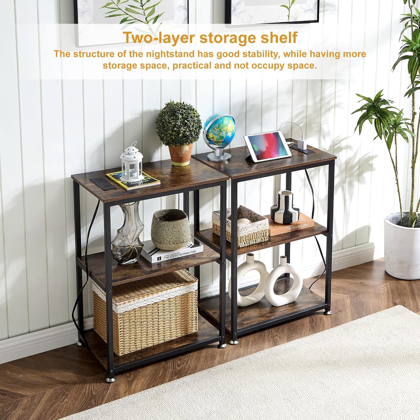 VECELO Tall End Table with Charging Station, Side Table with USB Ports and Outlets, 30" Height Nightstand with 3-Tier Storage Shelf for Living Room Bedroom Office Hallway Study