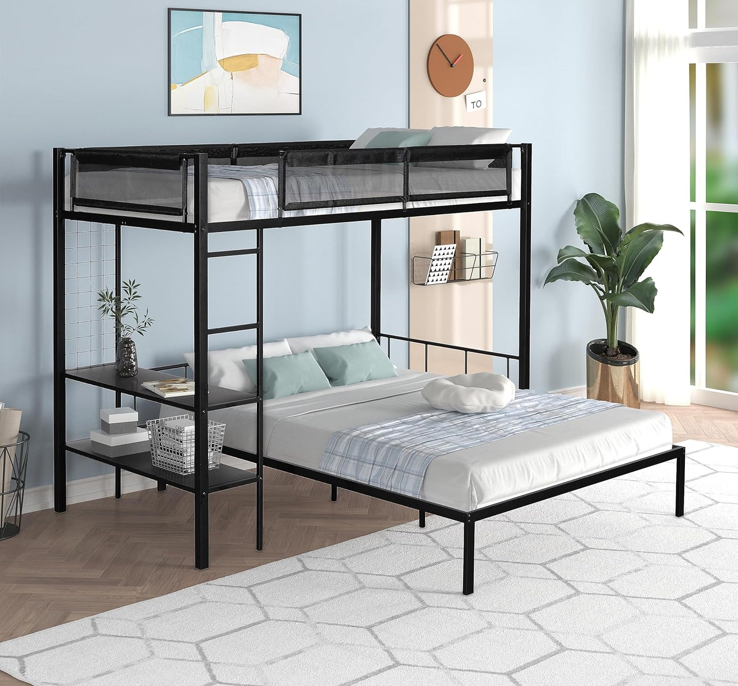 Twin Over Twin Size Bunk Bed with Multiple Storage Shelves & Wardrobe Design,Castle-Shaped Metal Bedframe W/Safety Guardrails & Ladder,for Kids Teens Boys Girls Bedroom