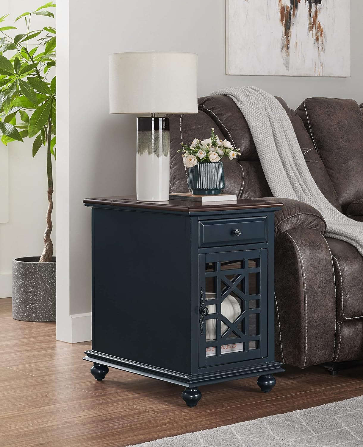 Martin Svensson Home Elegant Chairside End Table, 24 in x 16 in x 25 in, Blue with WalnutTop