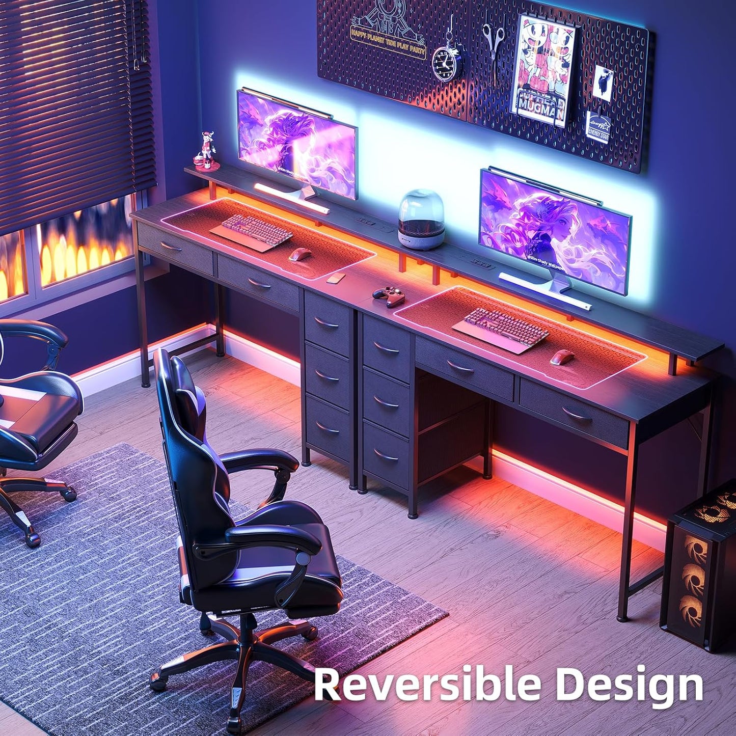 Computer Desk with 5 Drawers, Gaming Desk with LED Lights Power Outlets and Type-C, 39 Inch Office Desk with Storage, Monitor Stand, Writing Desk Work Table for Home Office, Small Spaces, Black