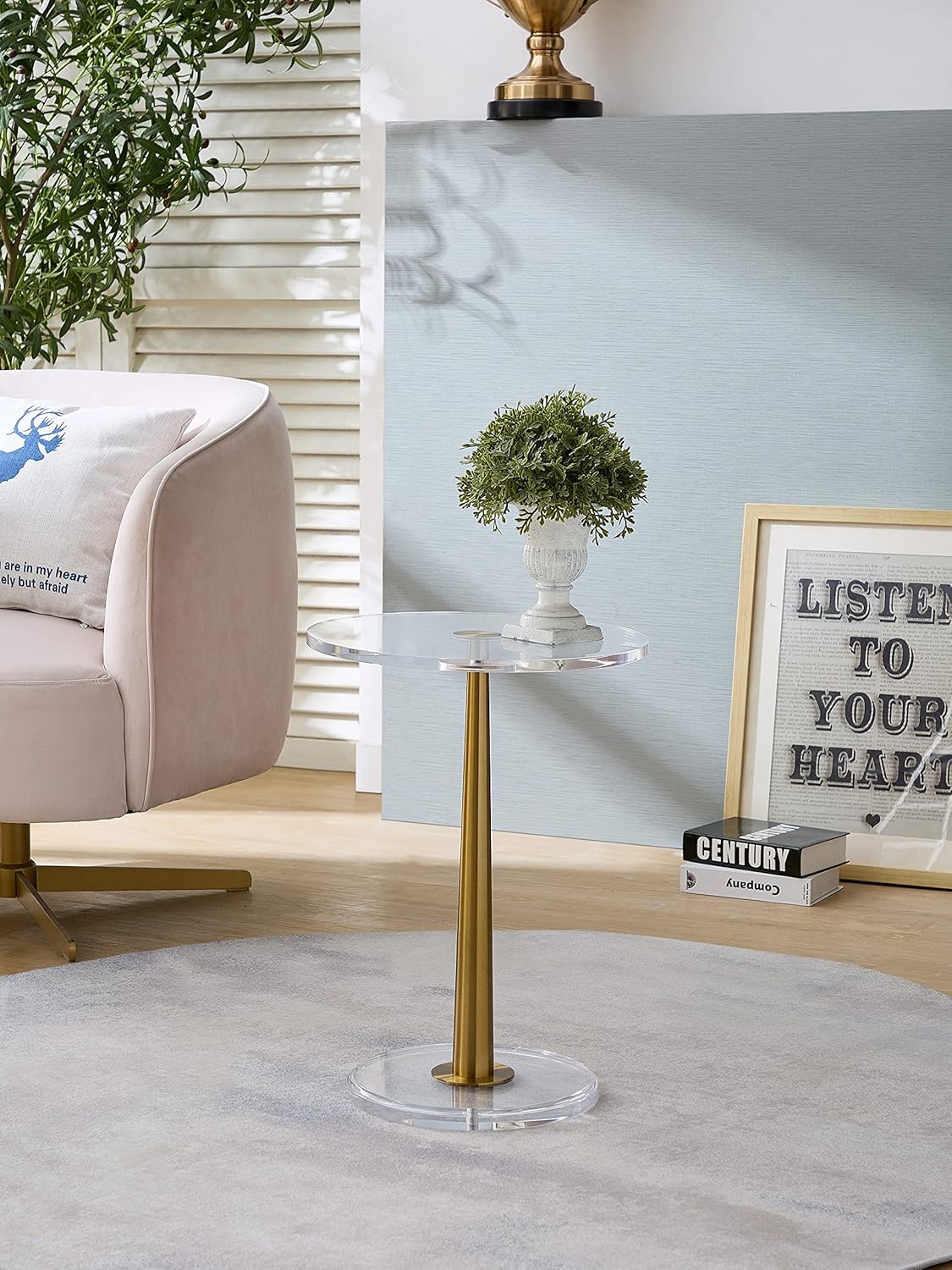 Clear Acrylic Table with Cone Metal Pole (Small, Brushed Gold) …