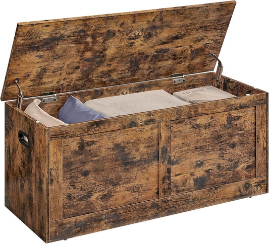 VASAGLE Storage Chest, Storage Trunk with 2 Safety Hinges, Storage Bench, Shoe Bench, Farmhouse Style, 15.7 x 39.4 x 18.3 Inches, for Entryway, Bedroom, Living Room, Rustic Brown ULSB164K01