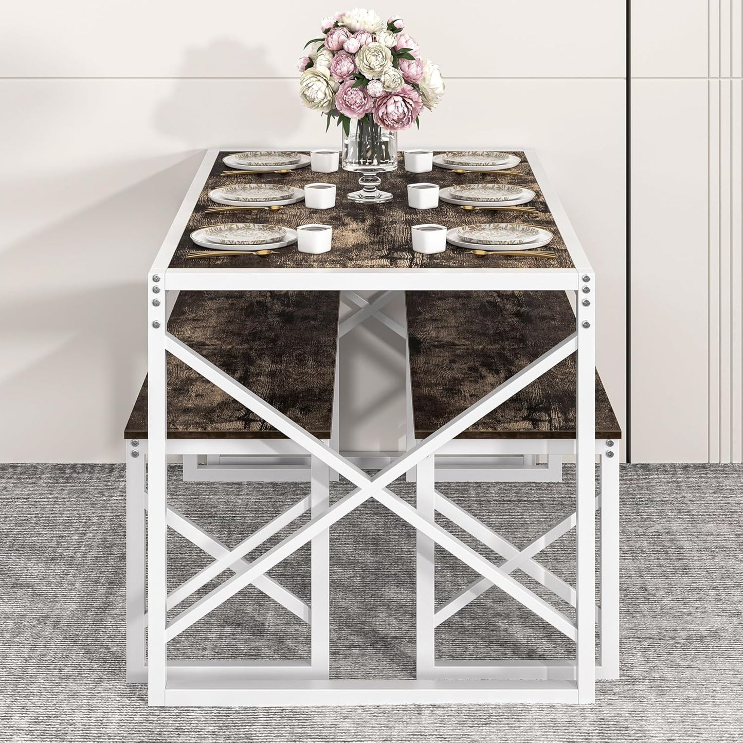 VECELO Kitchen Dining Table Set for 4 to 6, 55" Wood Dinette 2 Benches with Metal Frame for Dinner Breakfast Nook and Small Space, Dark Brown