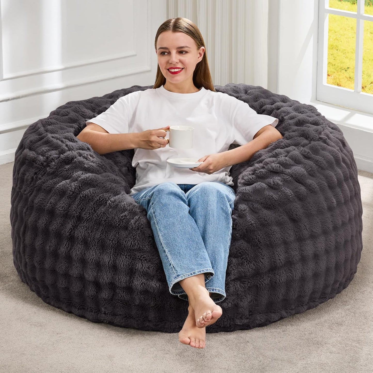 Hobestluk Bean Bag Chairs 3ft Beanbag Chair with Filler Adult Bean Bags with Fluffy & Machine Washable Cover, Giant Bean Bag Chairs for Adults (Dark Grey, 3FT-36" x 36" x 22")
