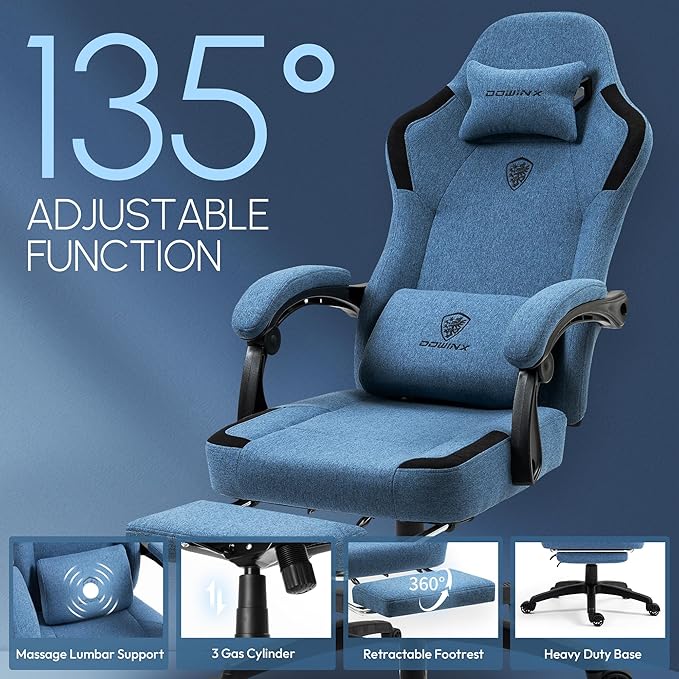 Dowinx Fabric Gaming Chair with Pocket Spring Cushion,Breathable Computer Chair with Massage Lumbar Support and Footrest,High Back Game Office Chair for Adult,Dark Blue