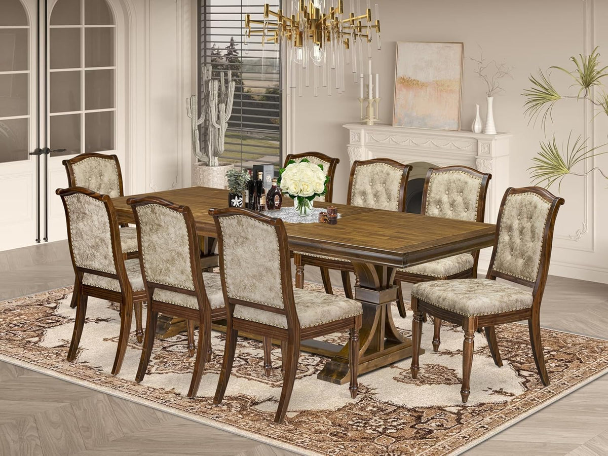 LEMA9-AWA-36 9 Pieces Kitchen Table Set Includes a Rectangular Dining Table and 8 Light Beige Polyester Fabric Dining Chairs, Antique Walnut Finish