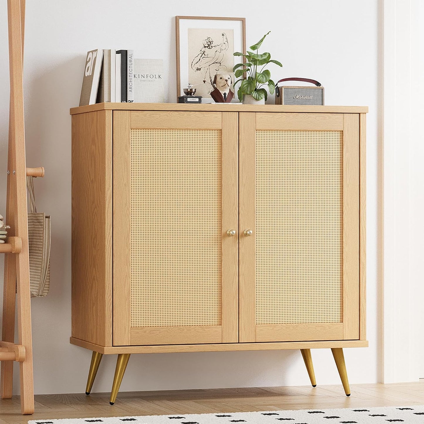 Shintenchi Rattan Buffet Cabinet with Storage, Sideboard Buffet Cabinet with Rattan Decor Doors, Modern Wood Cupboard for Kitchen Living Room Dining Room Hallway Entry, Natural