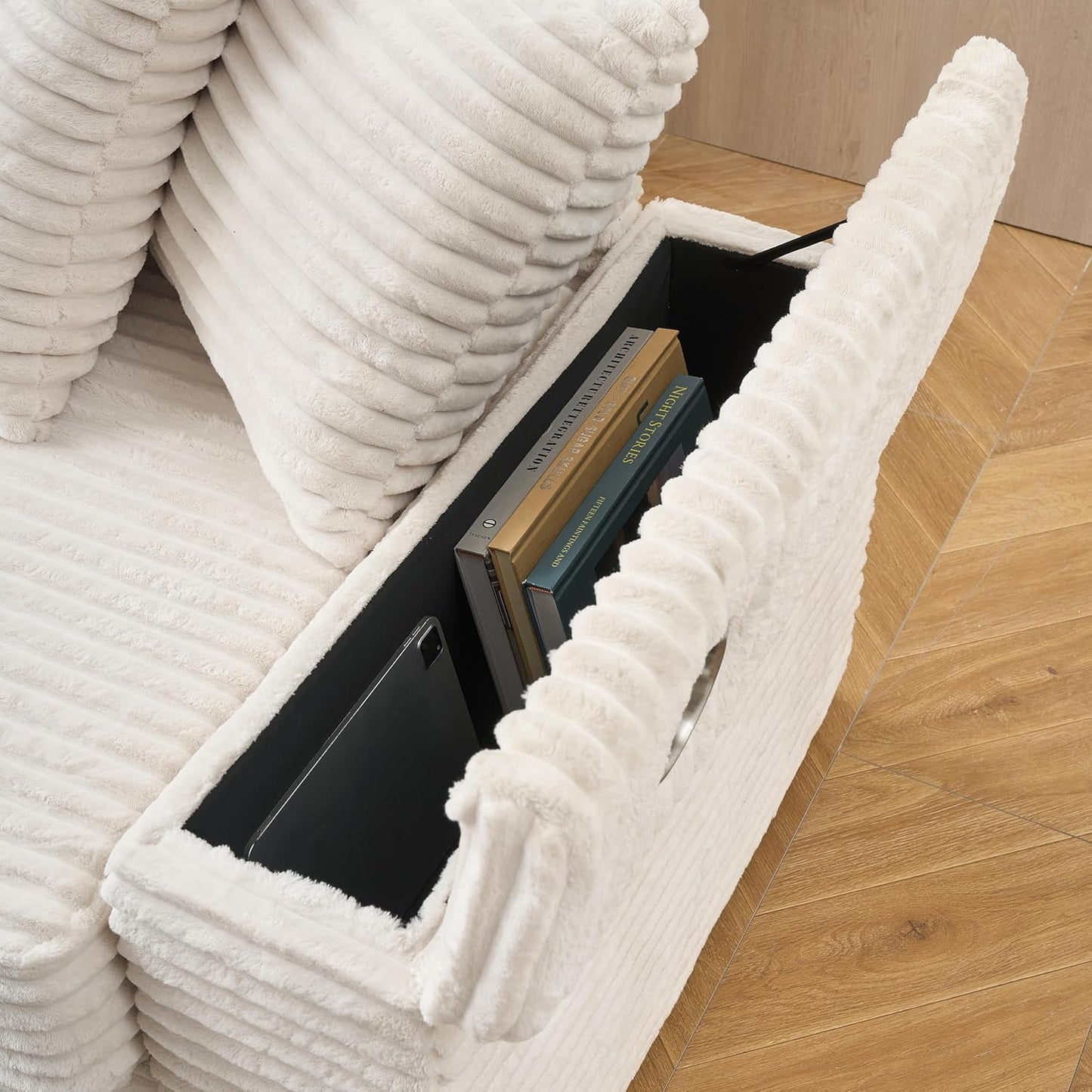 KEIKI 114" Corduroy Sofa with Cup Holders & Storage, L Shaped Sleeper Cloud Couch Set w/Reversible Chaise Lounge, Living Room Oversized Upholstered SofaBed for Apartment, Easy Assembly, Beige