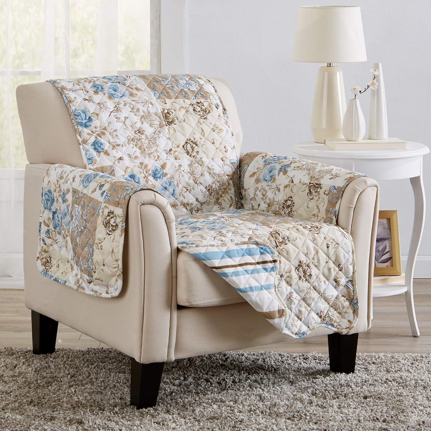 Great Bay Home Reversible Floral Patchwork Furniture Protector Scalloped Edge Stain Resistant Printed Furniture Protector Maribel Collection (Chair, Taupe/Blue)