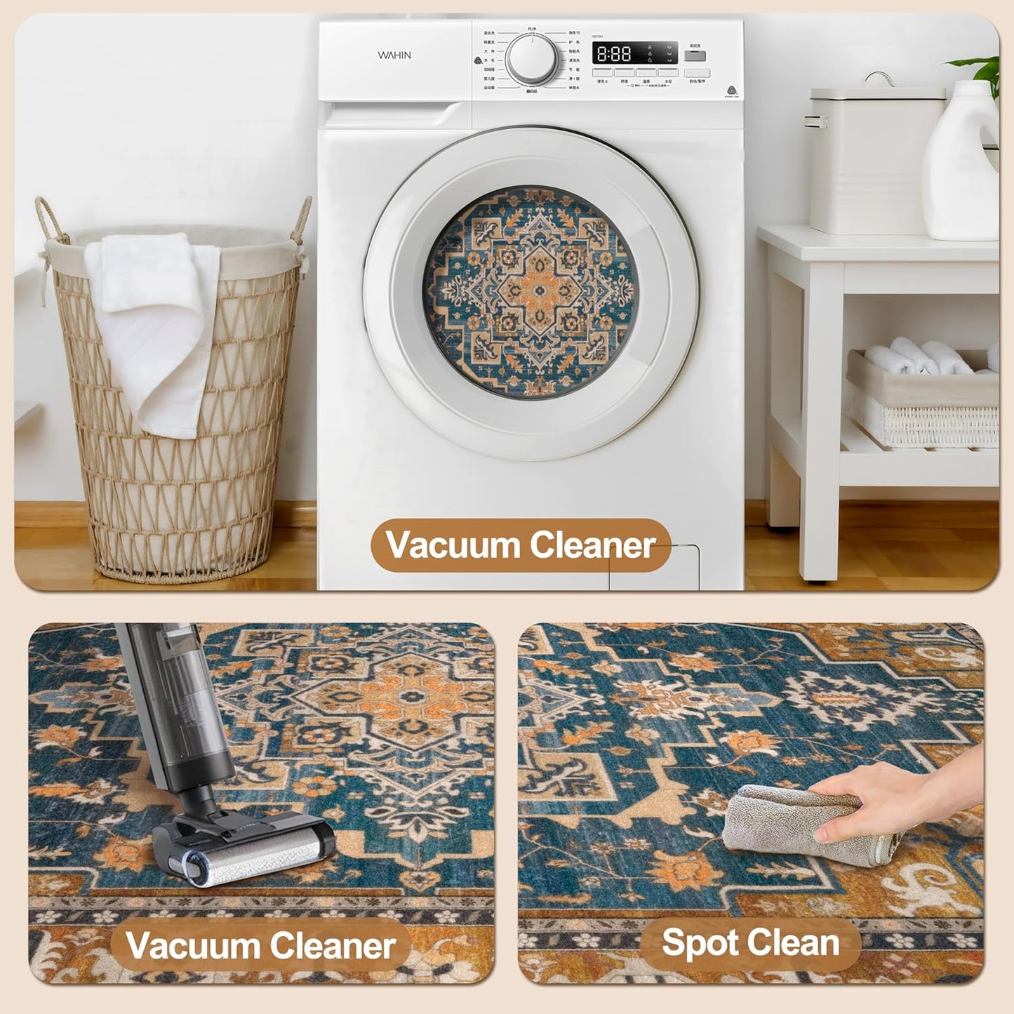 Tangsoo 4x6 Washable Rug Vintage Non Slip Indoor, Distressed Carpet for Living Room, Dining Room, Soft Low Pile Rugs Foldable Floor for Bedroom Dorm Bedside Bathroom Indigo Ochre