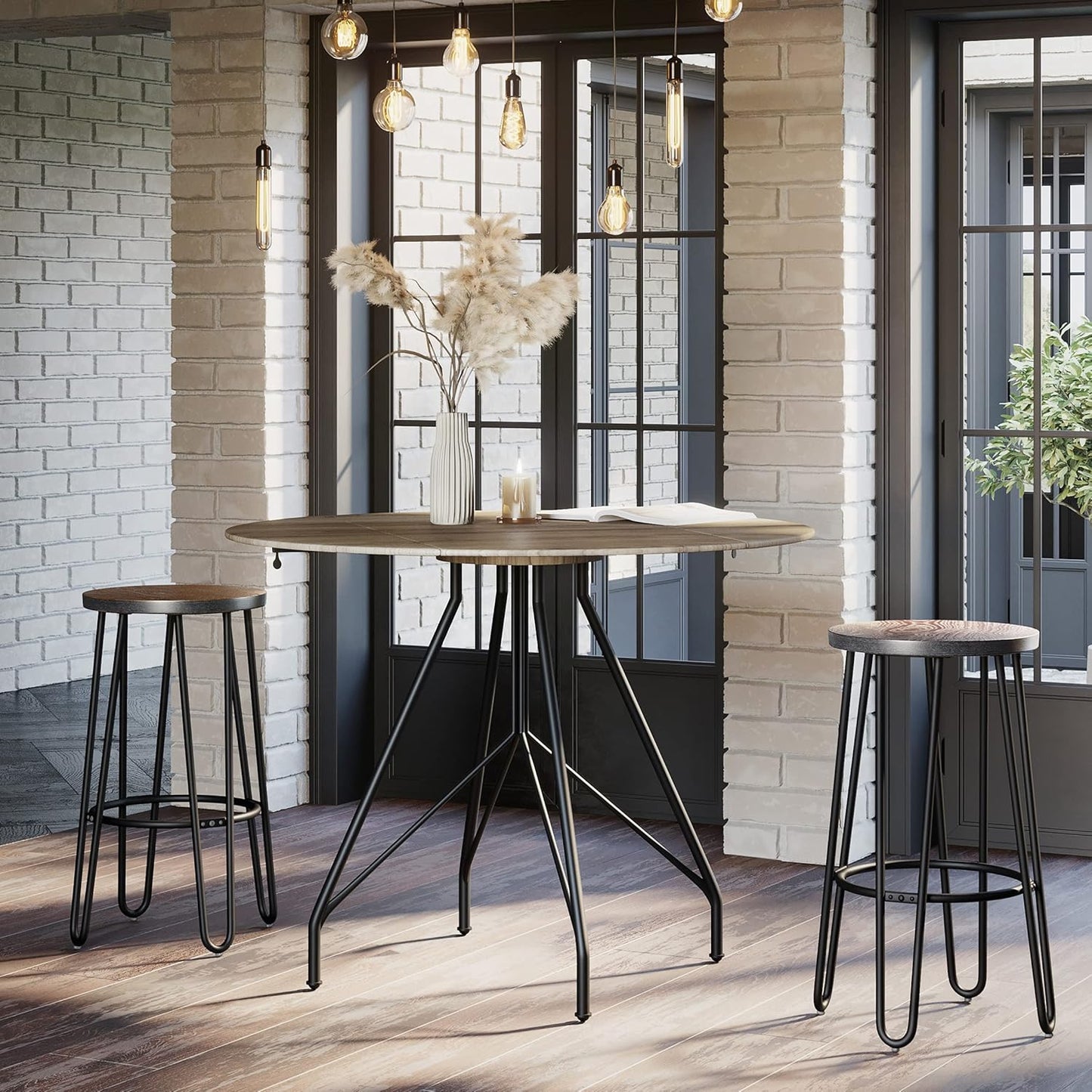 Lavish Home Set of 2 Counter-Height Bar Stools - 29.5" Round Wood Barstools with Hairpin Legs for Kitchen or Dining Room - Modern Farmhouse Furniture