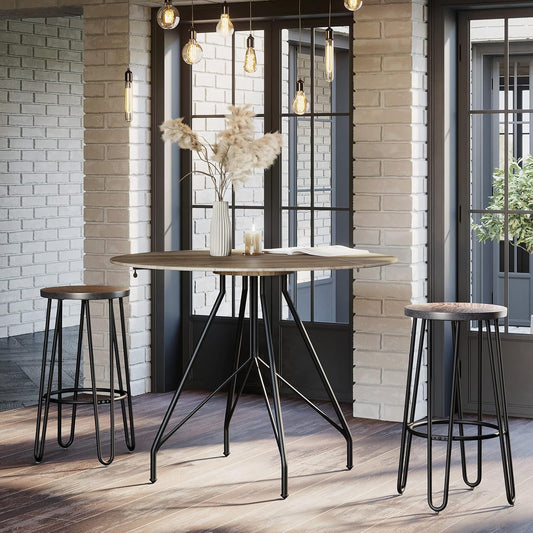 Lavish Home Set of 2 Counter-Height Bar Stools - 29.5" Round Wood Barstools with Hairpin Legs for Kitchen or Dining Room - Modern Farmhouse Furniture