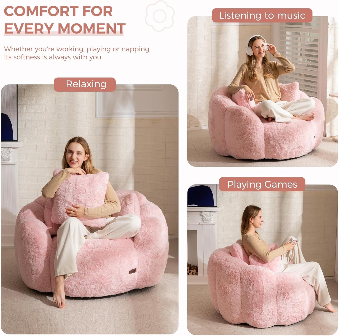 MAXYOYO Bean Bag Chair with 3 Pillows, Oversized Floral Shaped Bean Bag Sofa for Adults, Ultra Soft Faux Fur Floor Sofa, Large Stuffed Reading Chair for Living Room Bedroom, Pink
