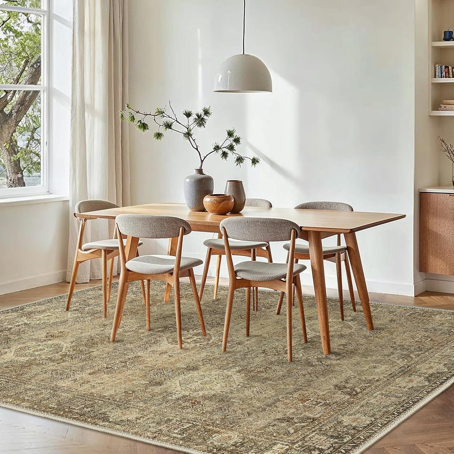 GENIMO 8X10 Area Rugs for Living Room, Machine Washable Non Slip Vintage Floral Patchwork Rug, Thin Low Pile Chenille Carpet Rugs for Bedroom, Dining Room, Straw