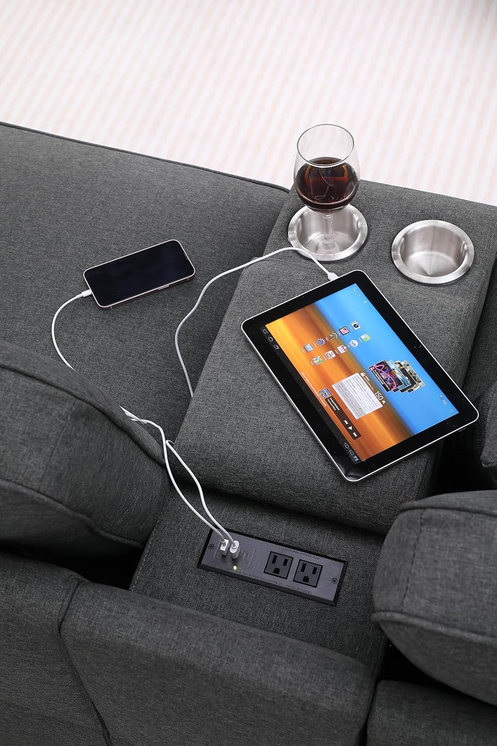 127" L-Shaped Sectional Couch with Movable Ottoman & 6 Throw Pillows,7 Seat Chenille Upholstered Sofa W/2 Cup Holders,USB Port & Hidden Storage Box,DIY Combination,for Living Room,Apartment,Gray