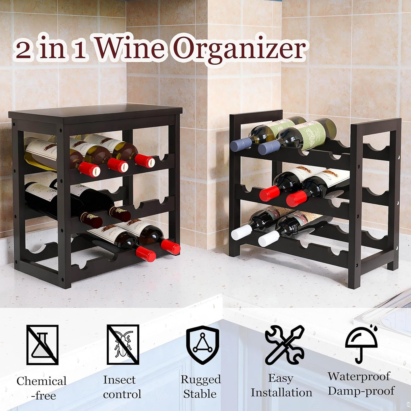 24 Bottle Wine Rack Freestanding Floor, 6 Tier Wine Display Storage Shelves with Tabletop, Bamboo Wine Bottle Holder Stand with Wave Bars for Kitchen Dining Room Pantry, Black