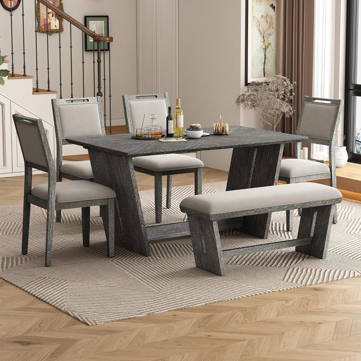 Merax 6-Piece Retro Dining Set, 1 Rectangular Table with Stable Trapezoidal Table Base and 4 Upholstered Chairs and 1 Bench for Dining Room and Kitchen, Antique Gray