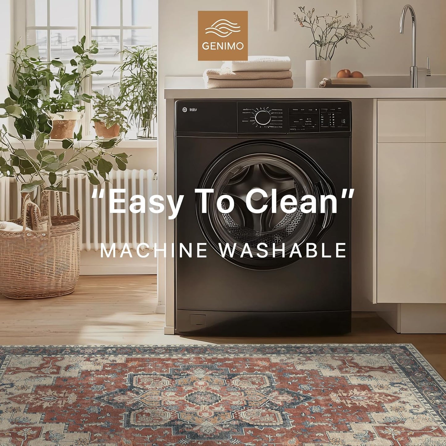 GENIMO 5x7 Area Rugs for Living Room, Machine Washable Non Slip Vintage Rugs, Low Pile Lightweight Chenille Print Rug for Bedroom, Dining Room, Home Office,Bordeaux