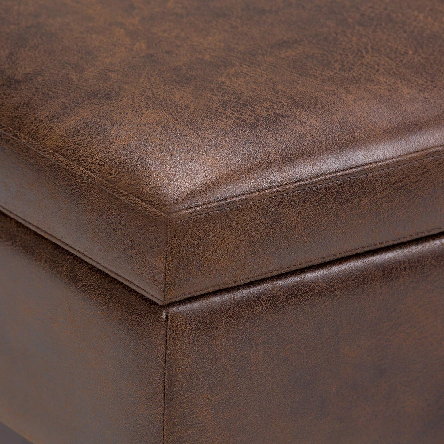 SIMPLIHOME Owen 36 inch Wide Mid Century Modern Square Coffee Table Storage Ottoman in Distressed Chestnut Brown Vegan Faux Leather, Assembled, for the Living Room, Entryway and Family Room
