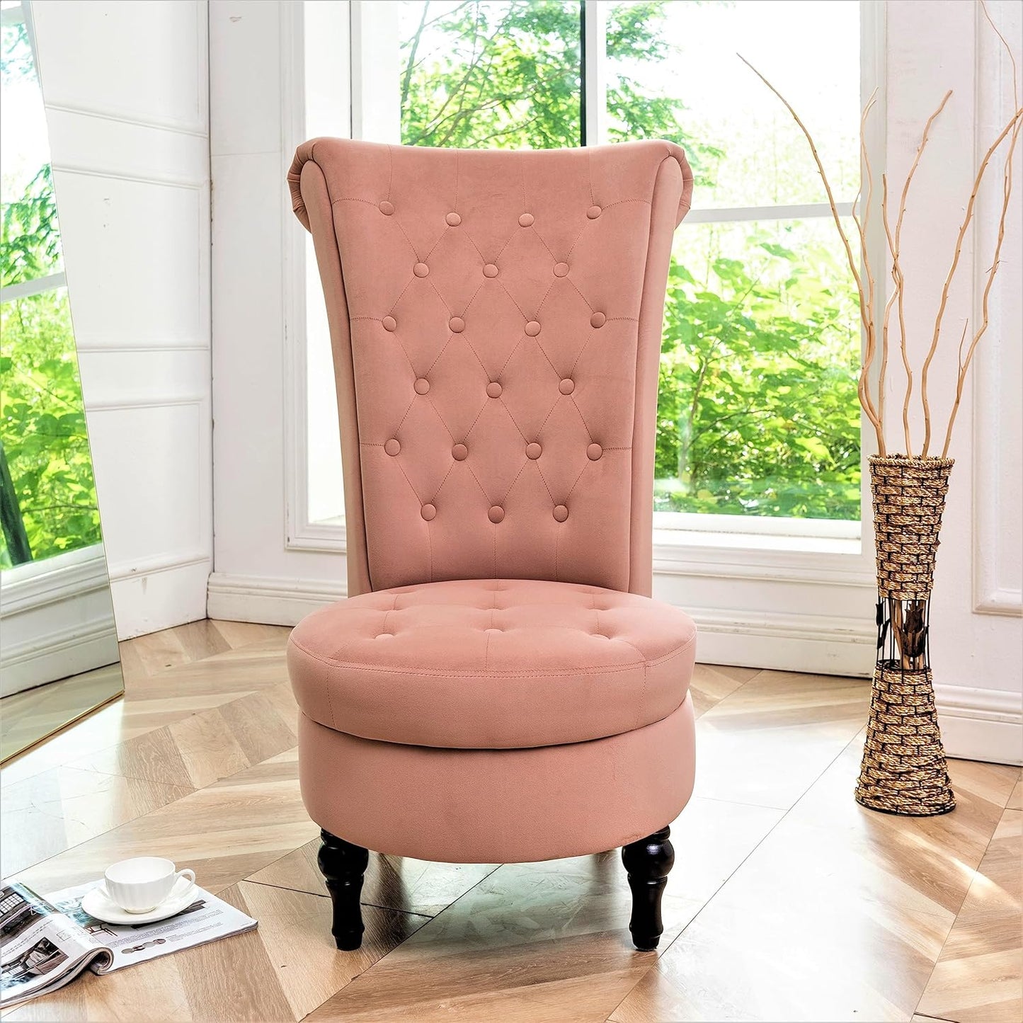 Container Furniture Direct Royal High-Back Velvet Accent Chair for Vanity with Storage and Luxurious Upholstery, Retro Design and Versatile Usage for Living Room, Bedroom, Lounge and Office, Rose