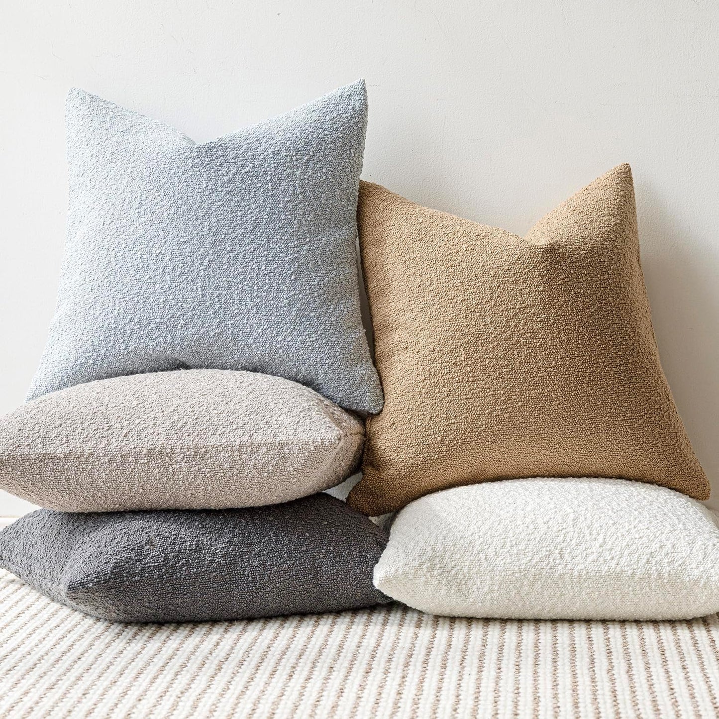 Foindtower Set of 2, Decorative Textured Boucle Throw Pillow Covers Accent Solid Pillow Cases Neutral Soft Cozy Couch Cushion Case for Chair Sofa Bedroom Living Room Home Decor 16 x 16 Inch Light Blue
