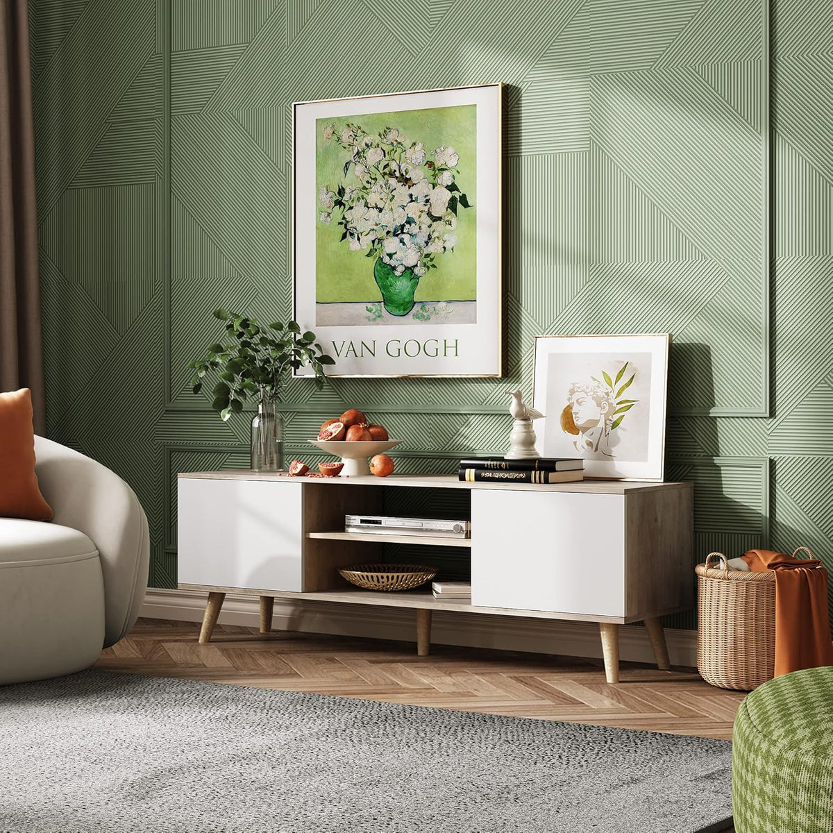 WLIVE TV Stand for 55 60 inch TV, Boho Entertainment Center with Storage Cabinets, TV Console for Living Room Decor, Greige White