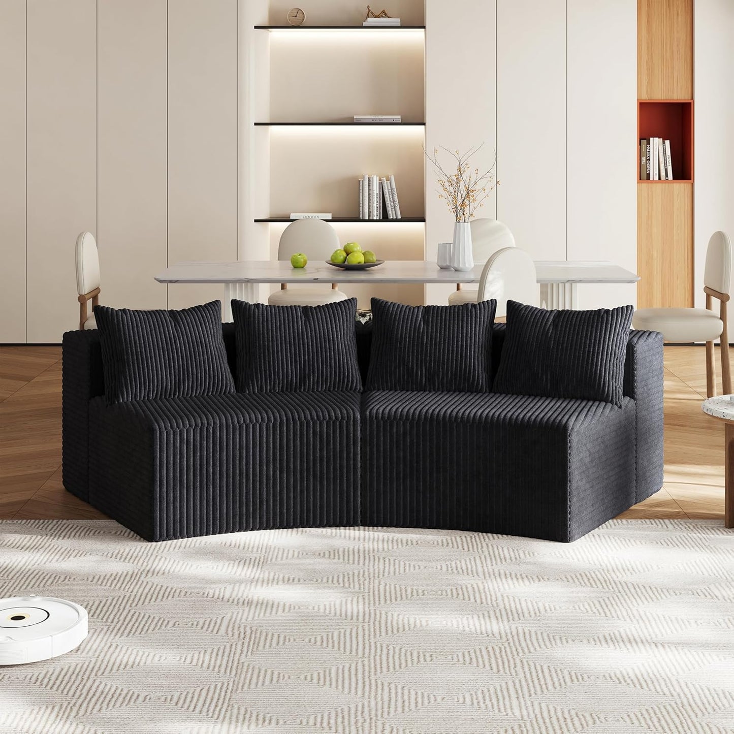 KEIKI Corduroy Curved Sectional Sofa, 2 Seater Symmetrical Modular Semi Circular Couch, Deep Seat Tufted Corner Sofa for Living Room, Lobby, Black