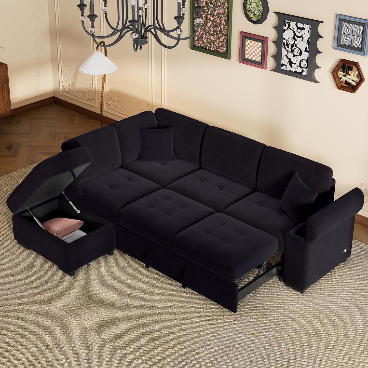 Ball & Cast Sleeper Sofa Bed L Shaped Couch with Storage Otooman and Cup Holder,L-Shaped Sectional Couch w/Hidden Arm Storage & USB Charge,4-Seater Sectional Sofa for Living Room,Apartment,Black
