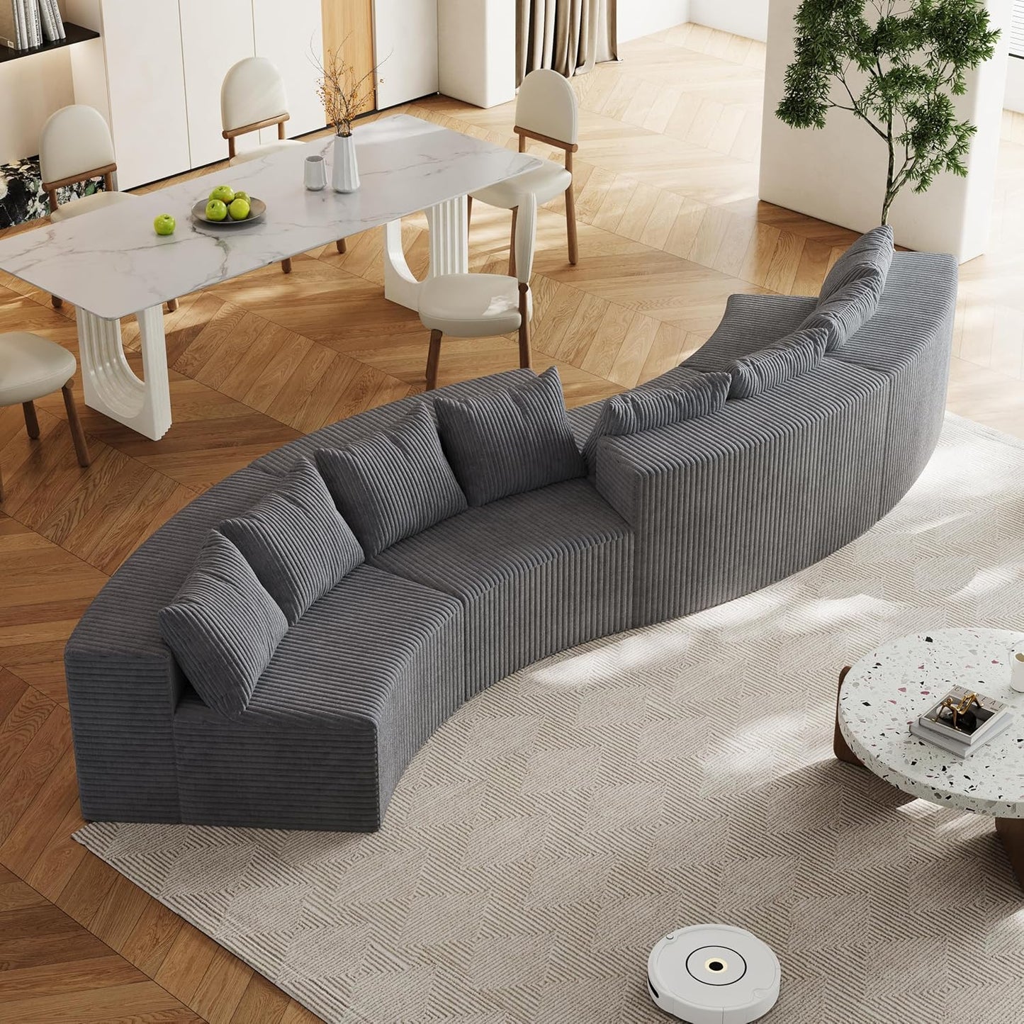 KEIKI Corduroy Curved Sectional Sofa, 4 Seater Symmetrical Modular Semi Circular Couch, Deep Seat Tufted Corner Sofa for Living Room, Lobby, Gray