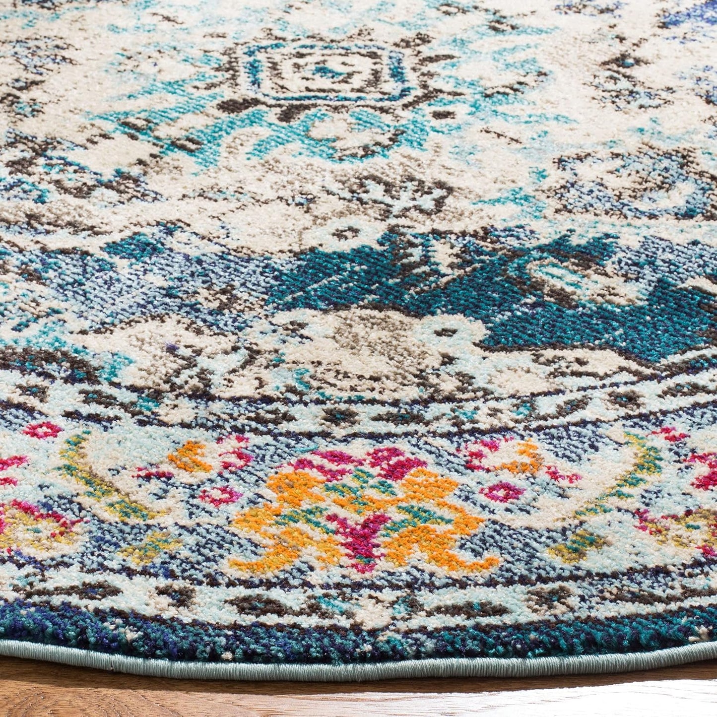 SAFAVIEH Monaco Collection Area Rug - 3' Round, Navy & Light Blue, Boho Chic Medallion Distressed Design, Non-Shedding & Easy Care, Ideal for High Traffic Areas in Living Room, Bedroom (MNC243N)