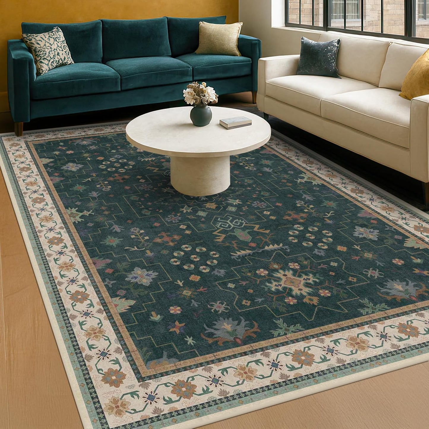Vintage Dark Green 7x9 Dining Room Rugs for Under Kitchen Table - Washable Livinig Room Rug - Unique Floral Pastel Low Pile Non-Slip Area Rugs for Bedroom