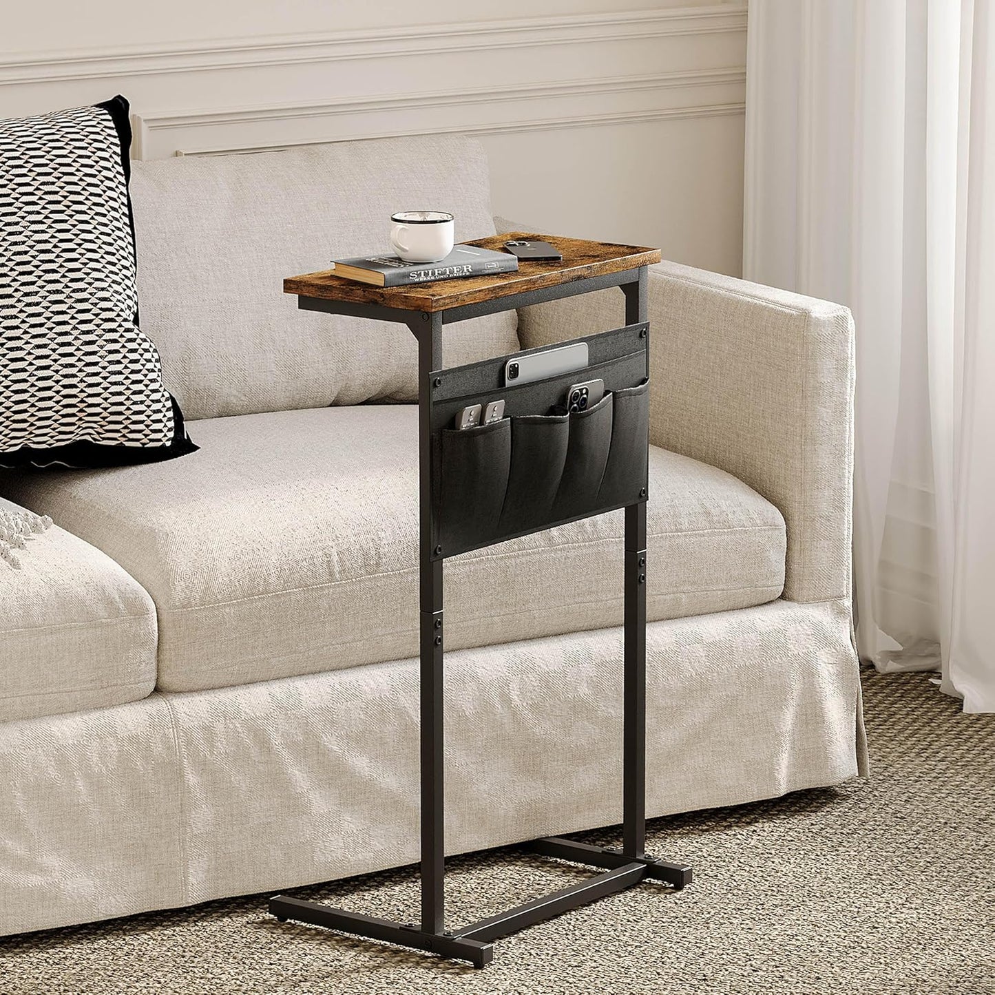 C Shaped End Table, Side Table for Sofa, Small TV Tray, Couch Table with Storage Bag for Small Space, Living Room, Bedroom, Home Office LET501R (Rustic Brown)