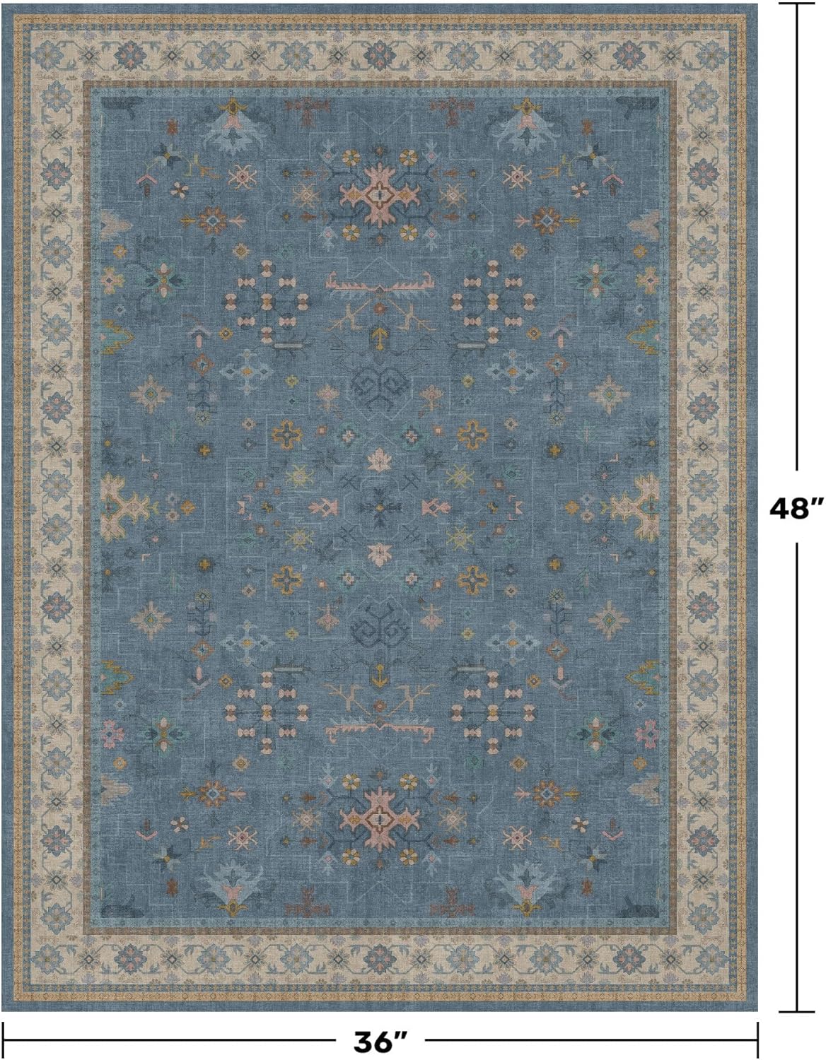 Washable Blue Rugs for Entryway Indoor - 3x4 Throw Rug for Large Kitchen, Bedroom Bedside, Bathroom, Mudroom, Boho Eclectic Modern Décor, Non Slip Low Pile Fade Resistant