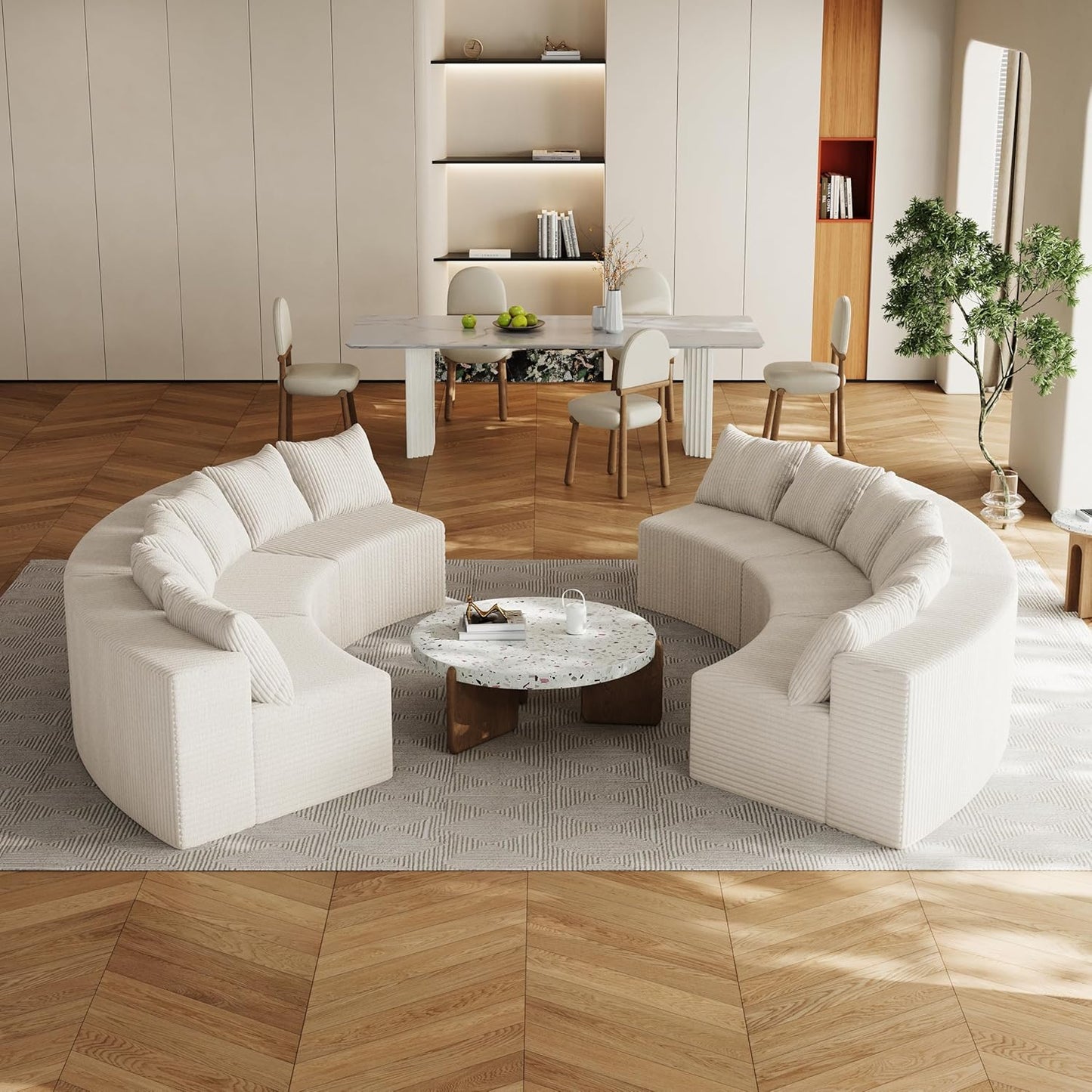 KEIKI Corduroy Curved Sectional Sofa, 6 Seater Symmetrical Modular Semi Circular Couch, Deep Seat Tufted Corner Sofa for Living Room, Lobby, Beige