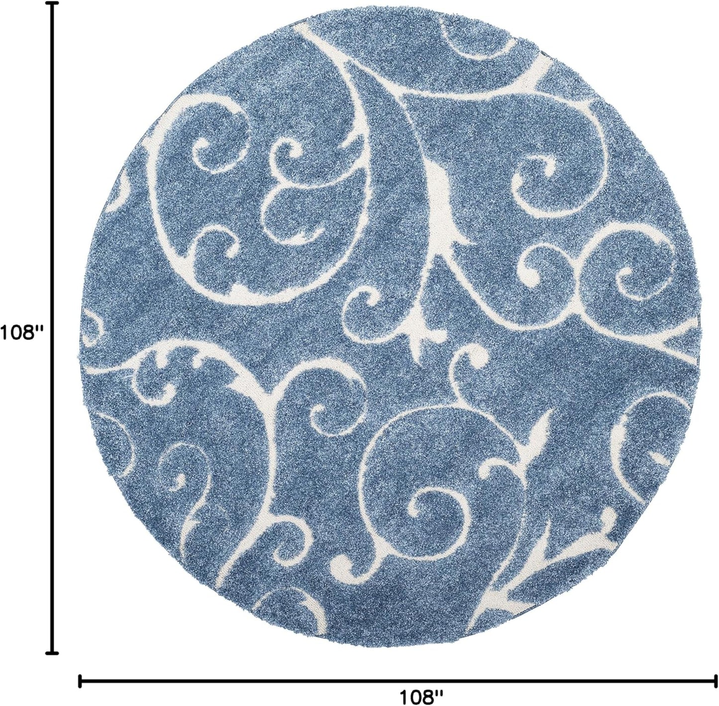 SAFAVIEH Florida Shag Collection Area Rug - 9' Round, Light Blue & Cream, Scroll Design, Non-Shedding & Easy Care, 1.2-inch Thick Ideal for High Traffic Areas in Living Room, Bedroom (SG455-6011)
