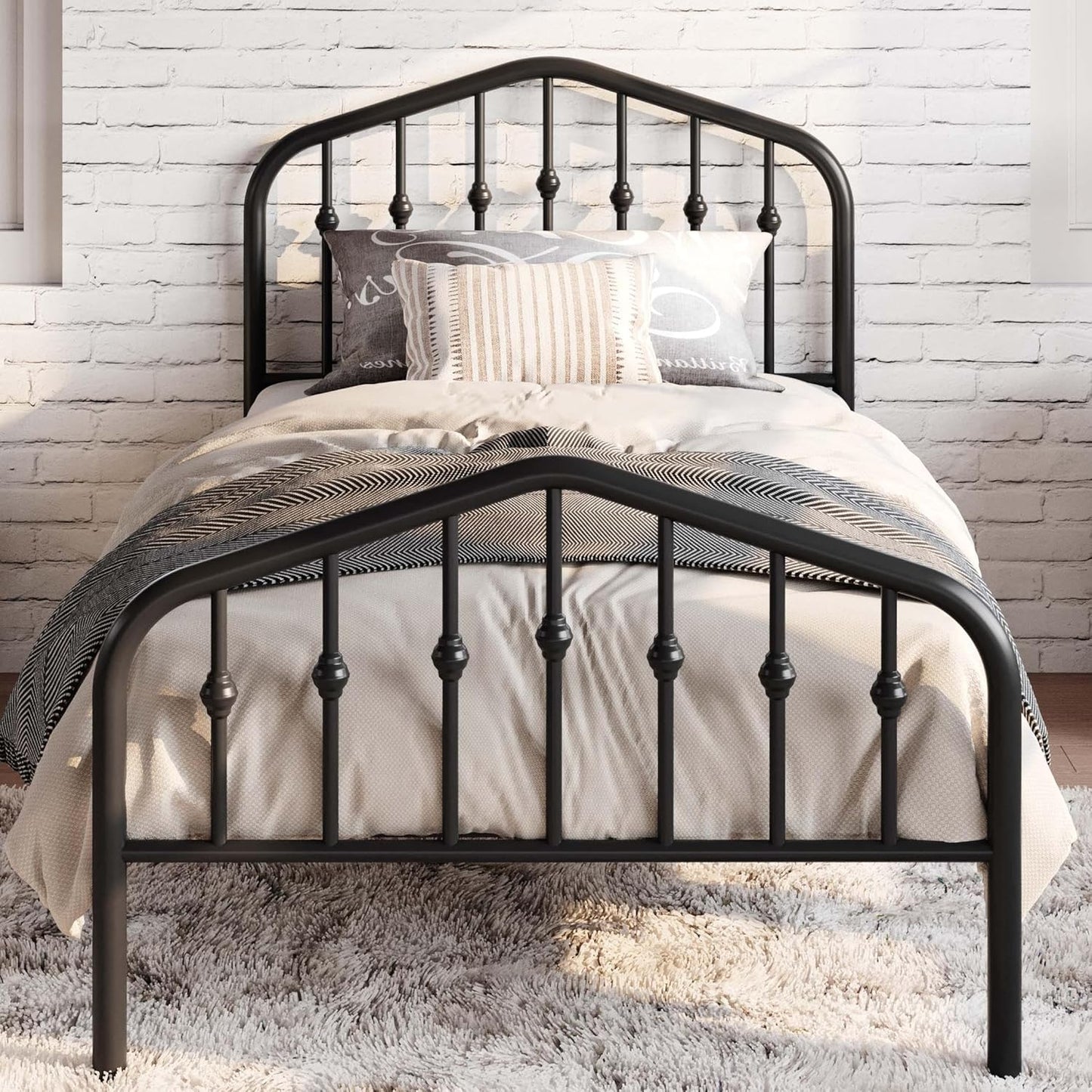 SHA CERLIN Twin Size Metal Platform Bed Frame with Victorian Style Wrought Iron-Art Headboard/Footboard, No Box Spring Required, Black