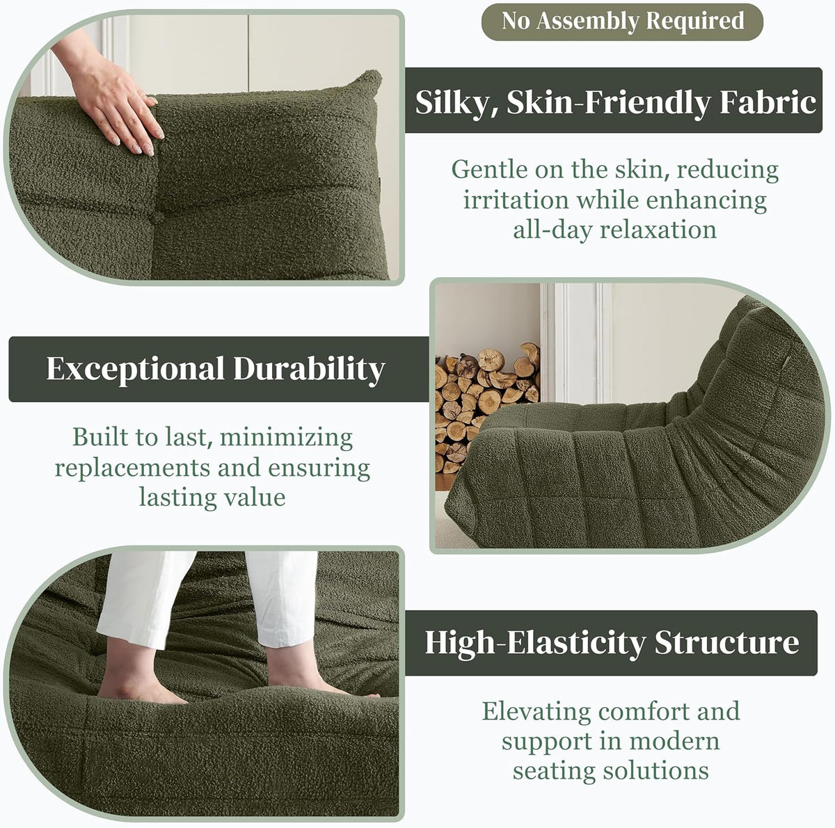 Bean Bag Chair, Fireside Chair Bean Bag Sofa for Adults, Bean Bag Chairs for Teens with High-Resilience Foam, Memory Foam & Non-Slip Base Bean Bag for Living Room, Bedroom, Office (Teddy, Green)