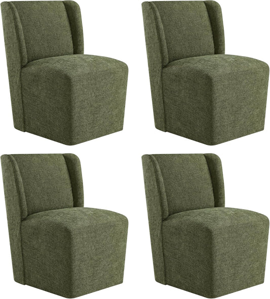 Upholstered Dining Chair with Casters Wingback Modern Side Armless Deskchair with Rollers for Diningroom Bedroom Livingroom Reading Room,Green,4 Box