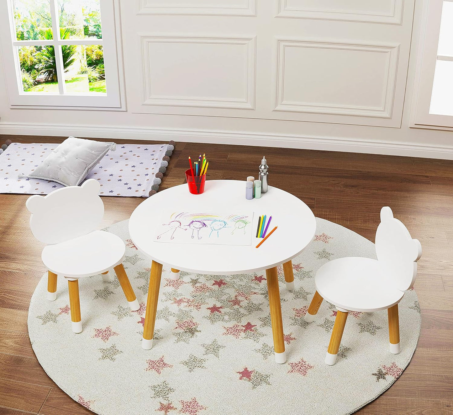 UTEX Kids Wood Table and Chair Set, Kids Play Table with 2 Chairs,3 Pieces Kids Round Table for Toddlers, Girls, Boys,White