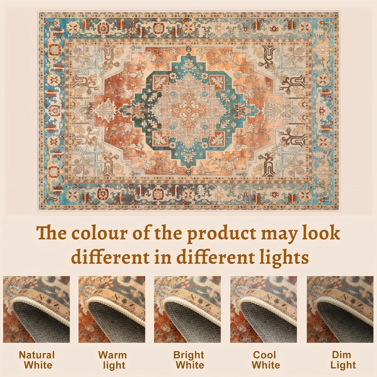 Tangsoo 4x6 Washable Rug Vintage Non Slip Indoor, Distressed Carpet for Living Room, Dining Room, Soft Low Pile Rugs Foldable Floor for Bedroom Dorm Bedside Bathroom Rusty Orange