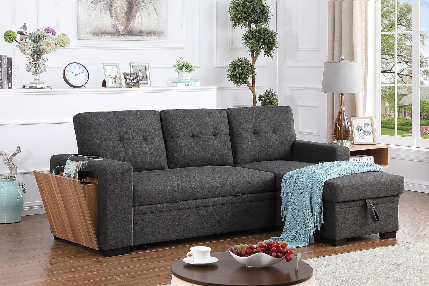 Devion Furniture Philly 4-in-1 Convertible L Shaped Couch with Pull Out Bed and Storage, Sectional Sleeper Sofa with Reversible Chaise for Living Room, Apartment, Bedroom, Office