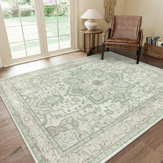 GENIMO 7'6''x9'6'' Area Rugs for Living Room, Machine Washable Non Slip Vintage Rugs, Low Pile Lightweight Chenille Print Rug for Bedroom, Dining Room, Home Office, Oat Light