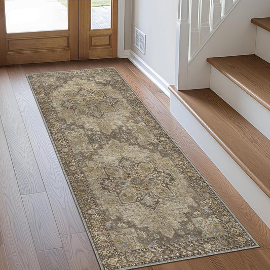 GENIMO 2x8 Runner Rugs for Hallway, Machine Washable Non Slip Vintage Rugs, Low Pile Lightweight Soft Print Rug for enrtyway, Corridor, Home Office, Kitchen, Rustic Brown