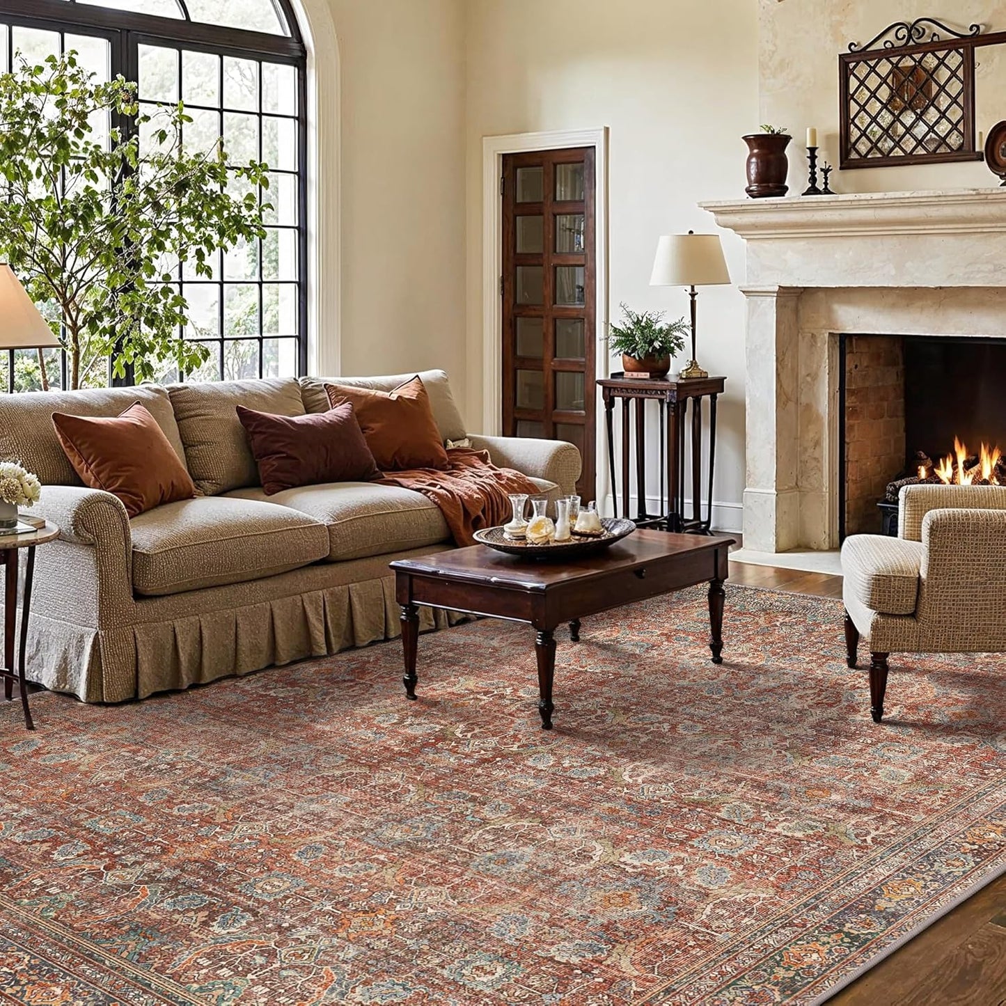 GENIMO 10x14 Area Rugs for Living Room, Machine Washable Non Slip Vintage Rugs, Low Pile Lightweight Chenille Print Rug for Bedroom, Dining Room, Home Office, Terracotta Indigo